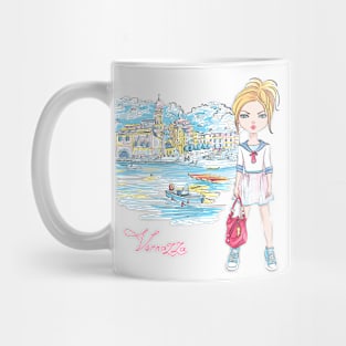 Cute fashion girl in Vernazza, Italia. Mug